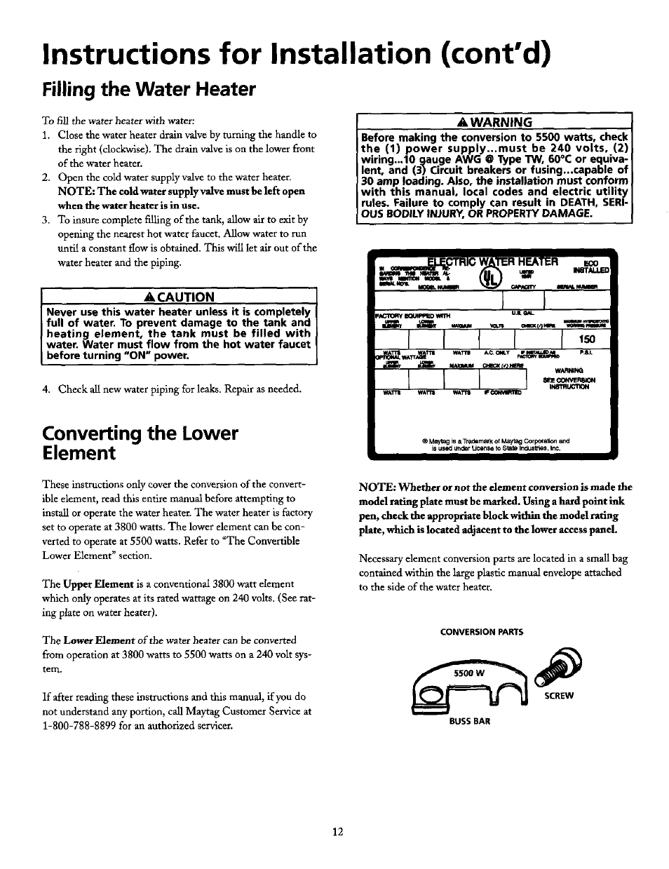 Instructions for installation (cont'd), Filling the water heater, Converting the lower element | Removing the old water heater, Converting the lower element -14 | Maytag HE21250S User Manual | Page 12 / 32