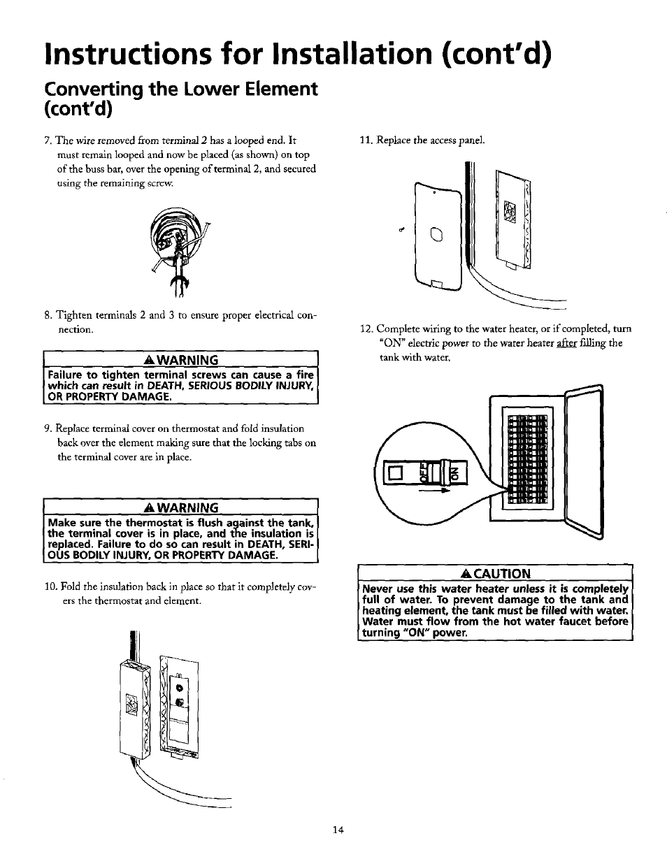 Converting the lower element (cont'd), Awarning, A caution | Instructions for installation (cont'd) | Maytag HE21250S User Manual | Page 14 / 32