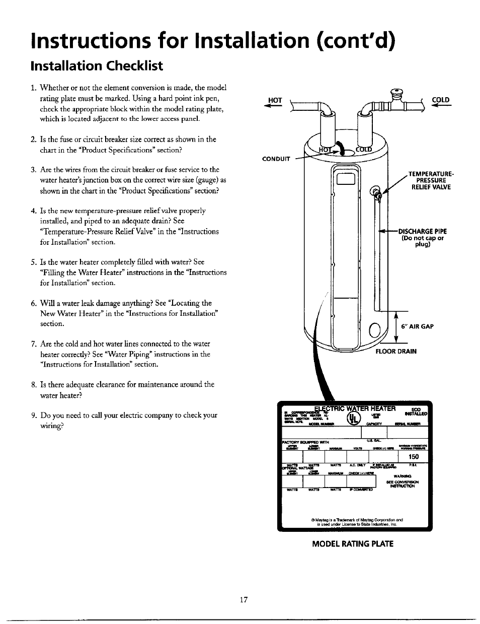 Instructions for installation (cont'd), Installation checklist | Maytag HE21250S User Manual | Page 17 / 32