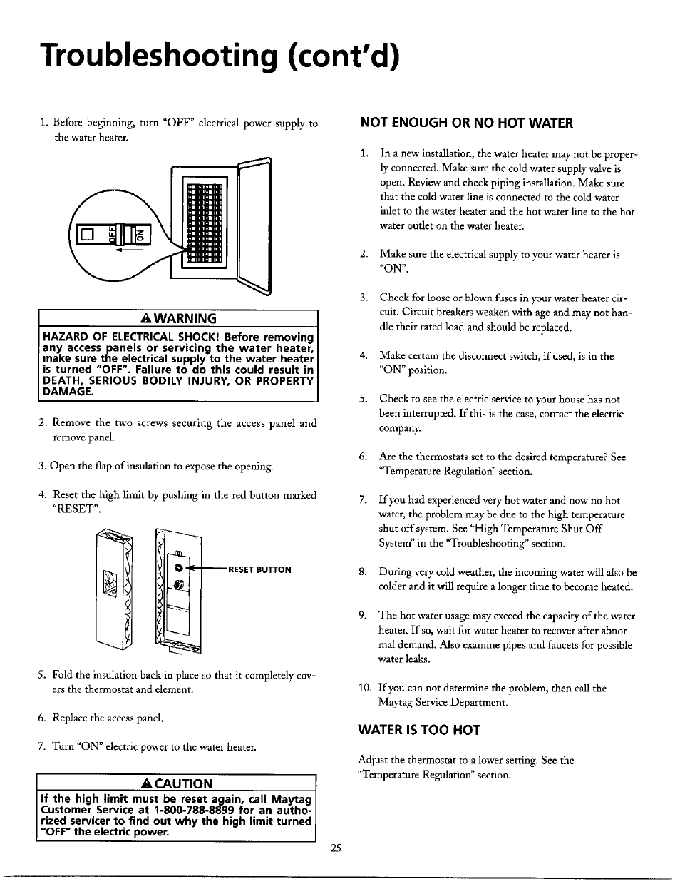Troubleshooting (cont'd), Not enough or no hot water, Water is too hot | Not enough hot water water is too hot, Esilili | Maytag HE21250S User Manual | Page 25 / 32