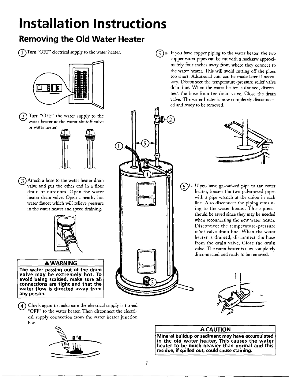 A warning, A caution, Installation instructions | Removing the old water heater | Maytag HE21250S User Manual | Page 7 / 32