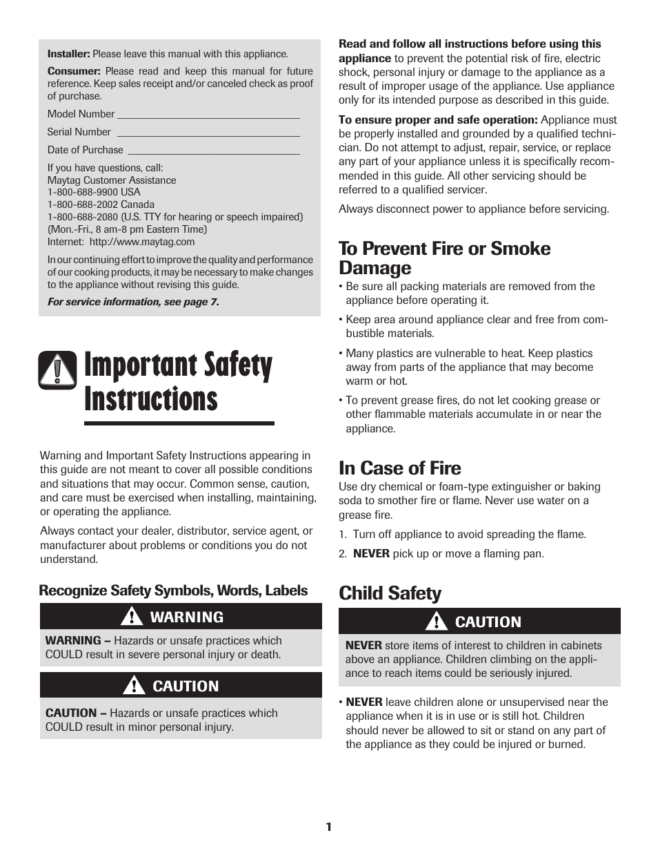 Important safety instructions, Child safety | Maytag MEC4430AAW User Manual | Page 2 / 24