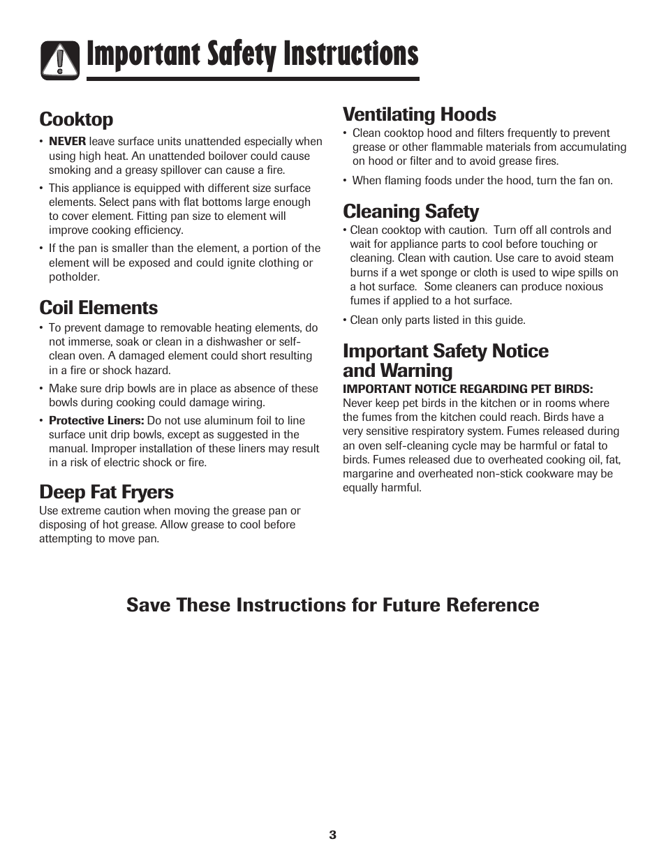 Important safety instructions, Coil elements, Deep fat fryers | Ventilating hoods, Cleaning safety, Important safety notice and warning | Maytag MEC4430AAW User Manual | Page 4 / 24
