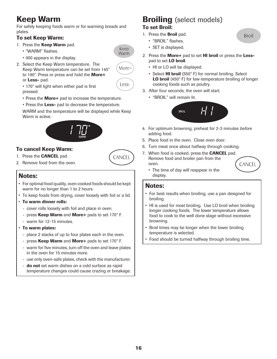 Keep warm, Broiling, Select models) | Maytag 8113P574-60 User Manual | Page 17 / 68