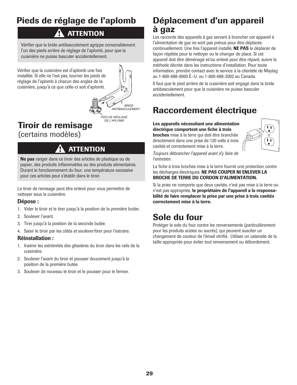 Pieds de réglage de l’aplomb, Tiroir de remisage, Déplacement d’un appareil à gaz | Raccordement électrique, Sole du four, Certains modèles), Attention | Maytag 8113P574-60 User Manual | Page 30 / 68