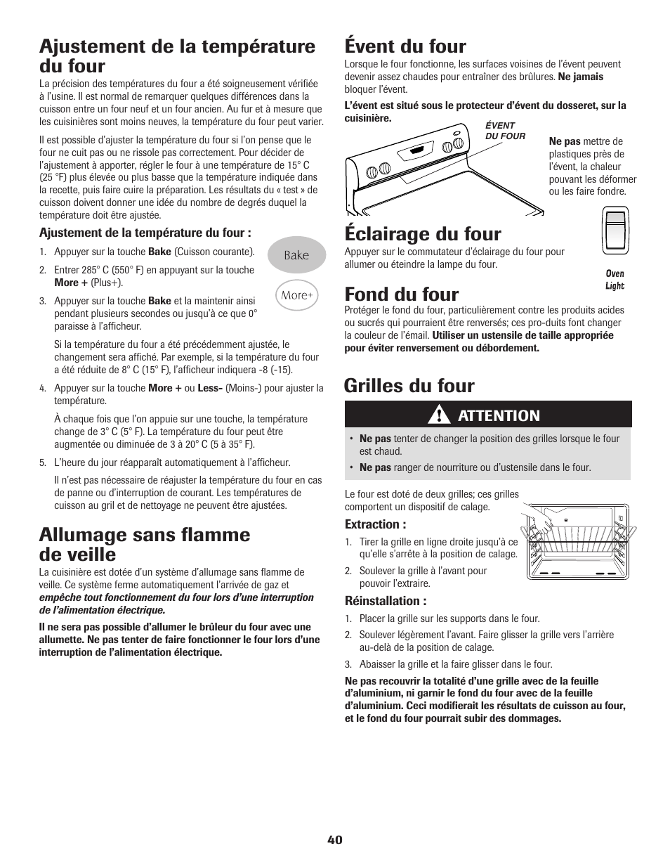 Ajustement de la température du four, Éclairage du four, Fond du four | Évent du four, Grilles du four, Allumage sans flamme de veille, Attention | Maytag 8113P574-60 User Manual | Page 41 / 68