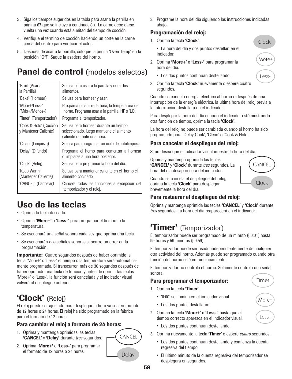 Panel de control, Clock, Uso de las teclas | Timer, Modelos selectos), Reloj), Temporizador) | Maytag 8113P574-60 User Manual | Page 60 / 68