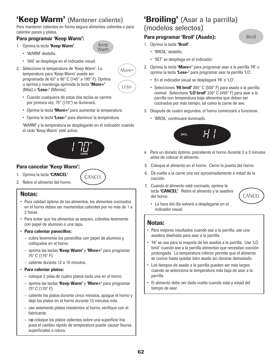 Keep warm, Broiling, Asar a la parrilla) (modelos selectos) | Mantener caliente), Notas | Maytag 8113P574-60 User Manual | Page 63 / 68