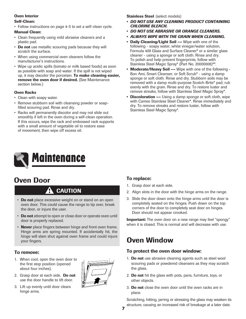 Maintenance, Oven door, Oven window | Caution | Maytag 8113P574-60 User Manual | Page 8 / 68