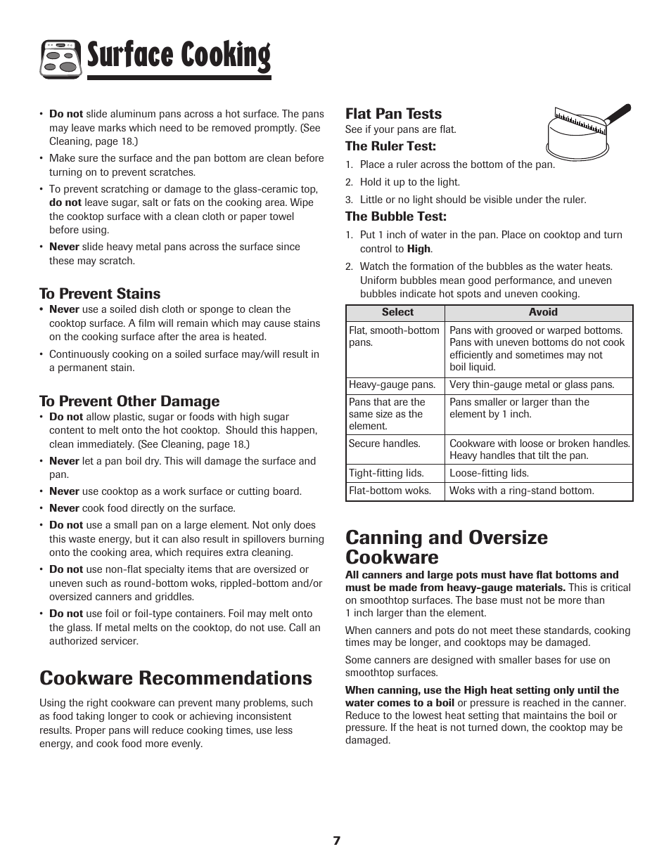 Surface cooking, Cookware recommendations, Canning and oversize cookware | Flat pan tests | Maytag 500 Series User Manual | Page 8 / 24