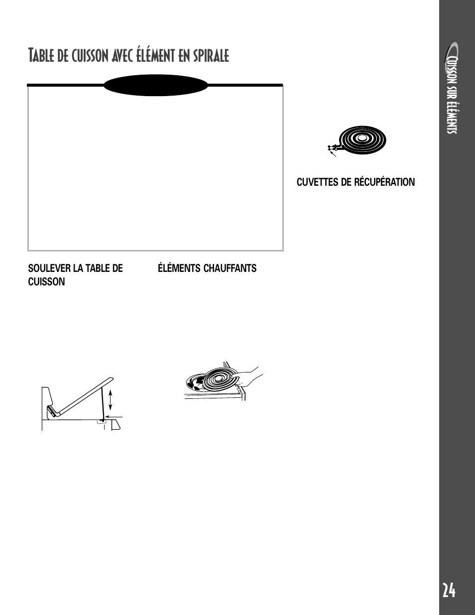Table de cuisson avec élément en spirale, Remarques, Cuvettes de récupération | Soulever la table de cuisson, Éléments chauffants | Maytag GEMINITM User Manual | Page 25 / 56