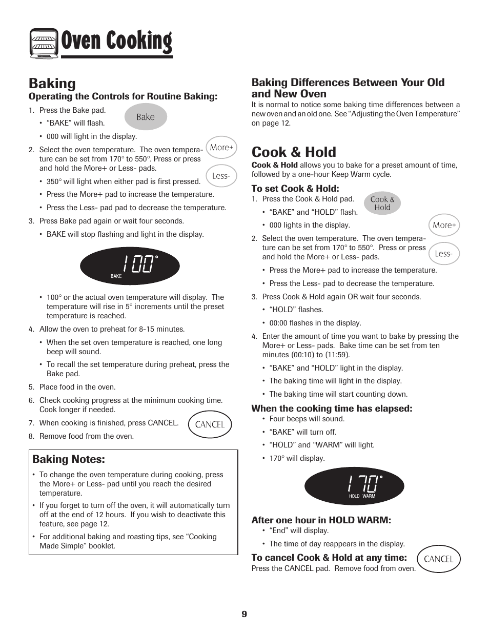 Oven cooking, Baking, Cook & hold | Baking differences between your old and new oven | Maytag AGR5735QDB User Manual | Page 10 / 24