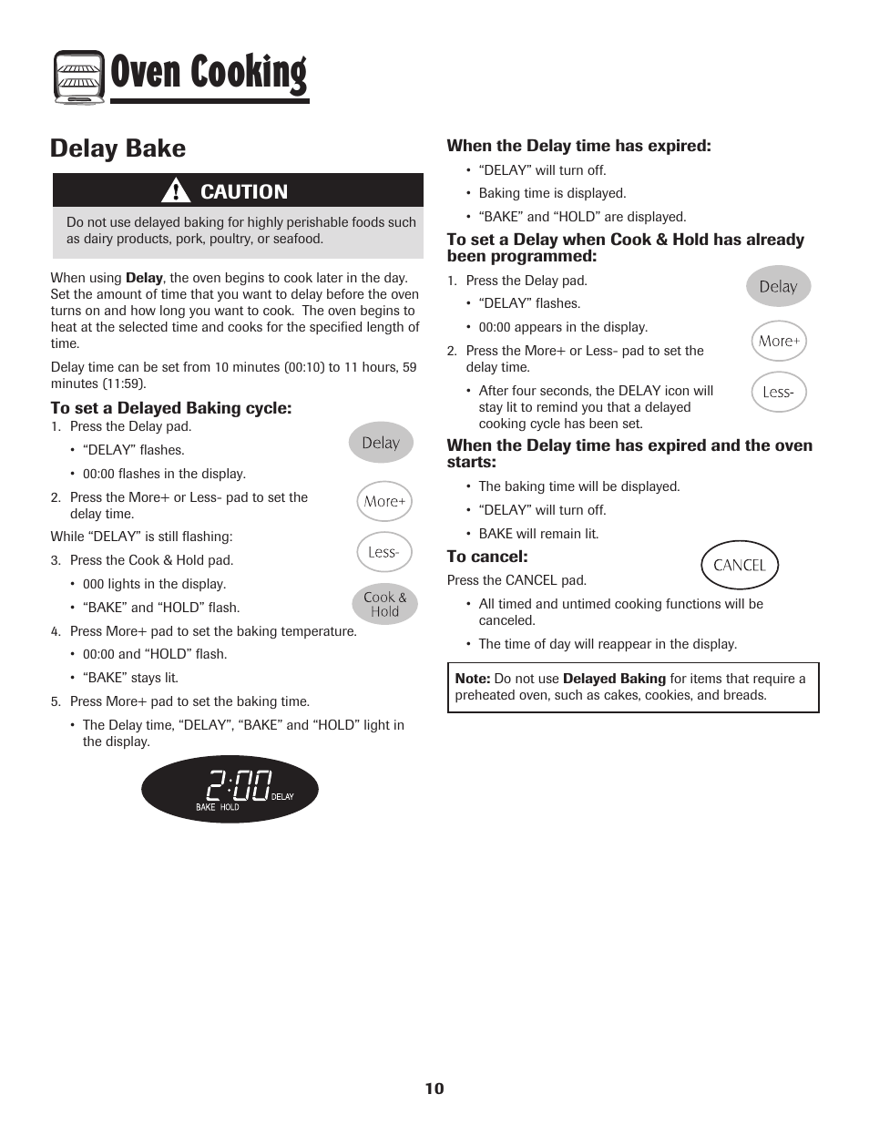 Oven cooking, Delay bake, Caution | Maytag AGR5735QDB User Manual | Page 11 / 24