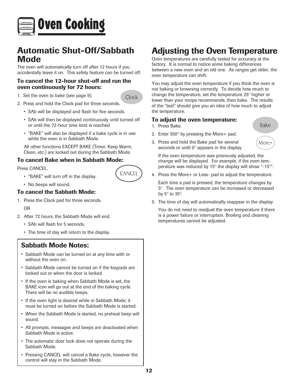 Oven cooking, Automatic shut-off/sabbath mode, Adjusting the oven temperature | Maytag AGR5735QDB User Manual | Page 13 / 24