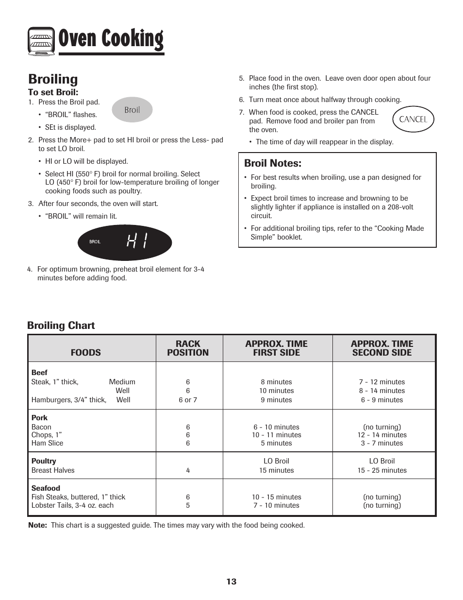 Oven cooking, Broiling, Broiling chart | Maytag AGR5735QDB User Manual | Page 14 / 24