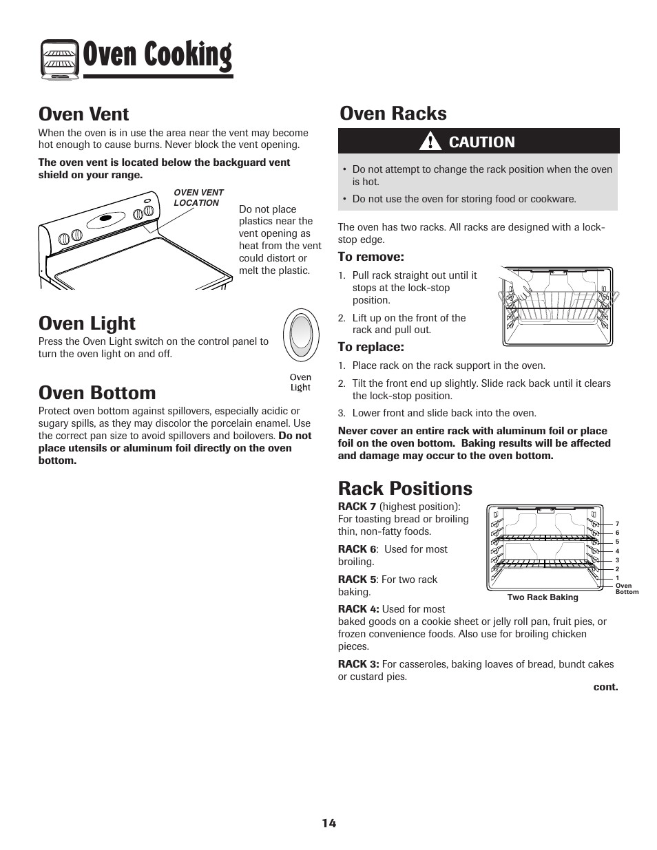 Oven cooking, Oven light, Oven bottom | Oven vent, Oven racks, Rack positions, Caution | Maytag AGR5735QDB User Manual | Page 15 / 24
