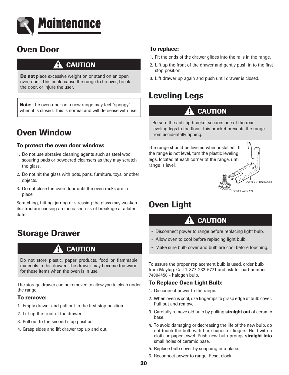 Maintenance, Oven door, Oven window | Leveling legs, Oven light, Storage drawer, Caution | Maytag AGR5735QDB User Manual | Page 21 / 24