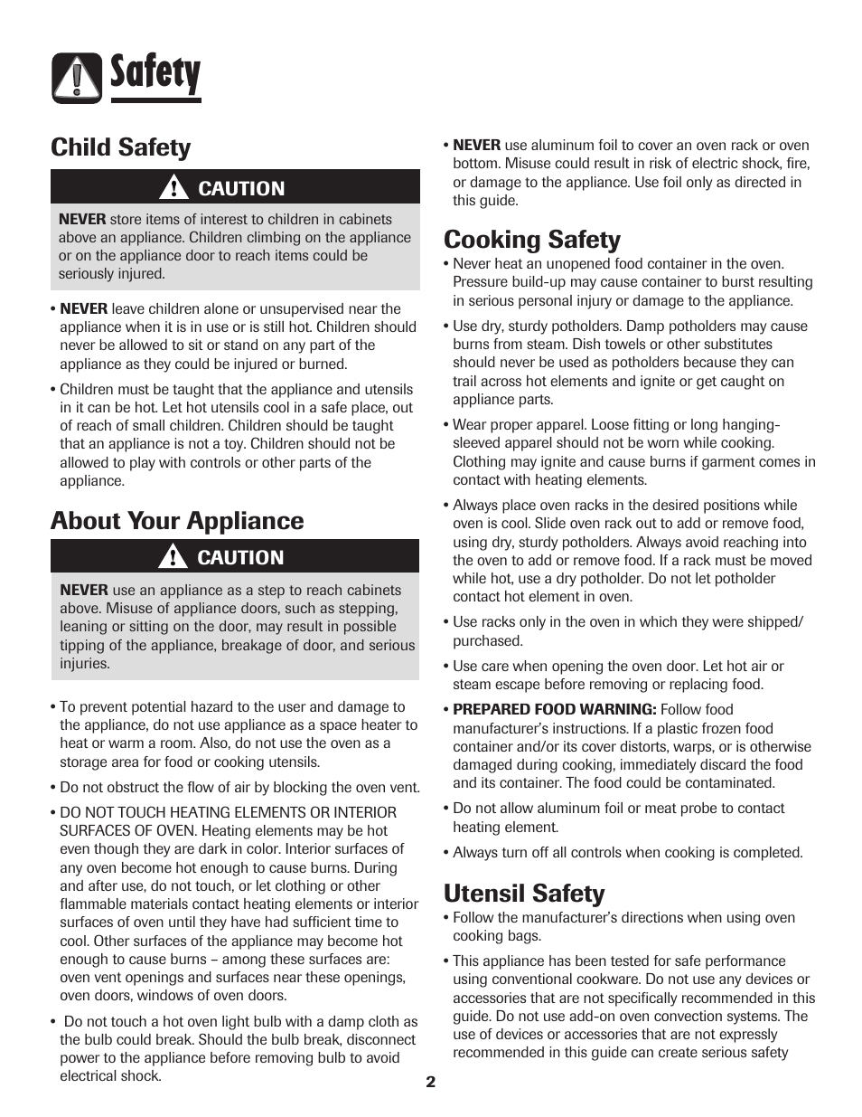 Safety, About your appliance, Cooking safety | Child safety, Utensil safety | Maytag AGR5735QDB User Manual | Page 3 / 24