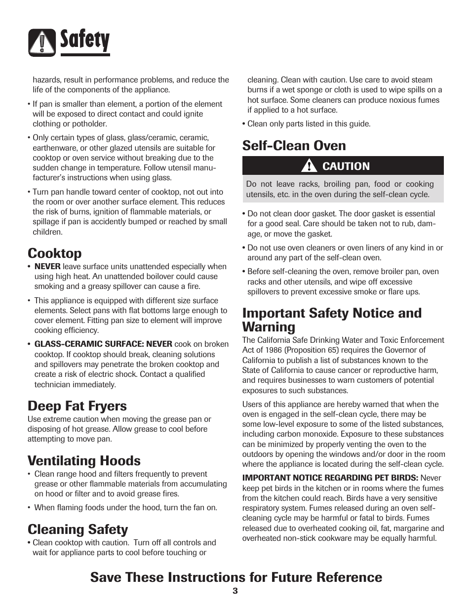 Safety, Self-clean oven, Important safety notice and warning | Cooktop, Deep fat fryers, Ventilating hoods, Cleaning safety, Save these instructions for future reference | Maytag AGR5735QDB User Manual | Page 4 / 24