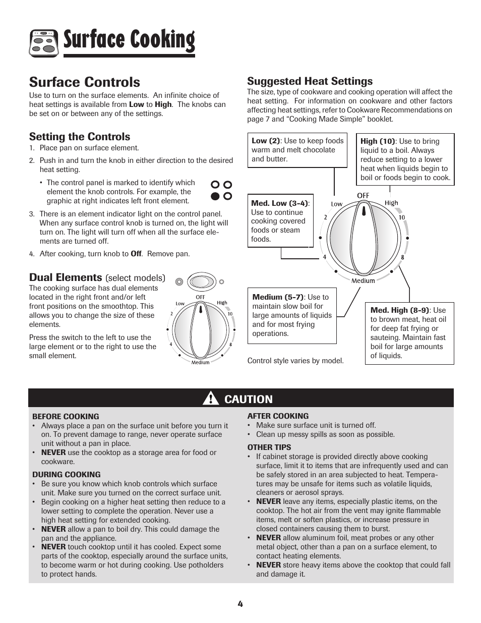 Surface cooking, Surface controls, Setting the controls | Dual elements, Caution suggested heat settings | Maytag AGR5735QDB User Manual | Page 5 / 24