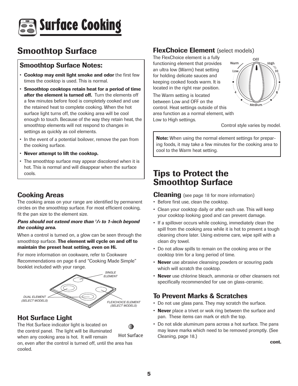 Surface cooking, Smoothtop surface, Tips to protect the smoothtop surface | Cooking areas, Hot surface light, Cleaning, Flexchoice element | Maytag AGR5735QDB User Manual | Page 6 / 24