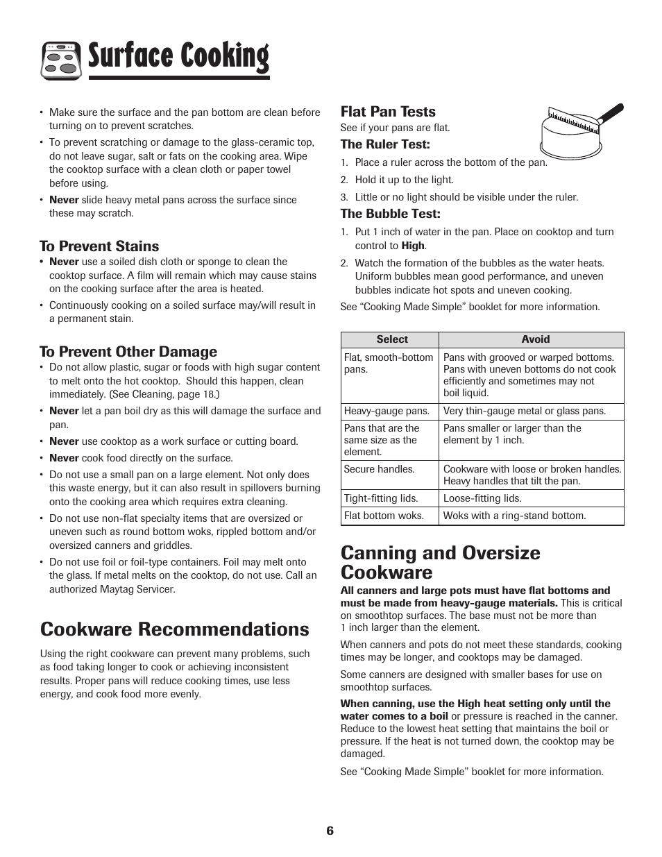 Surface cooking, Cookware recommendations, Canning and oversize cookware | Flat pan tests | Maytag AGR5735QDB User Manual | Page 7 / 24