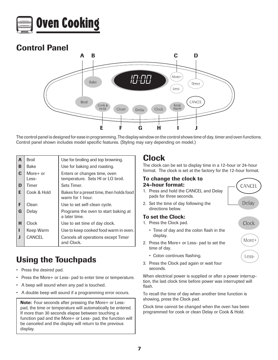 Oven cooking, Control panel, Using the touchpads | Clock | Maytag AGR5735QDB User Manual | Page 8 / 24