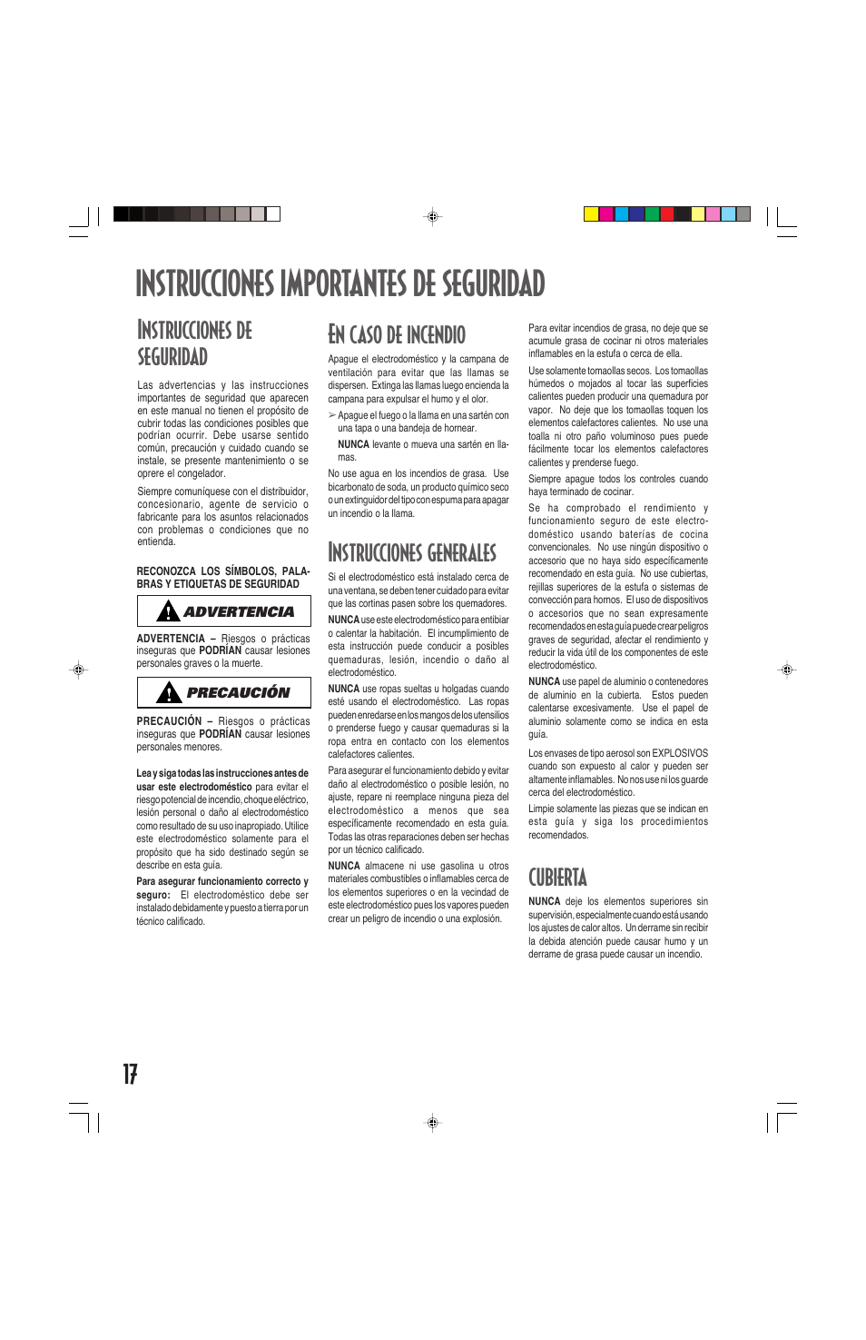 Instrucciones importantes de seguridad, Instrucciones de seguridad, En caso de incendio | Instrucciones generales, Cubierta | Maytag ELECTRIC COOKSTOP User Manual | Page 18 / 24