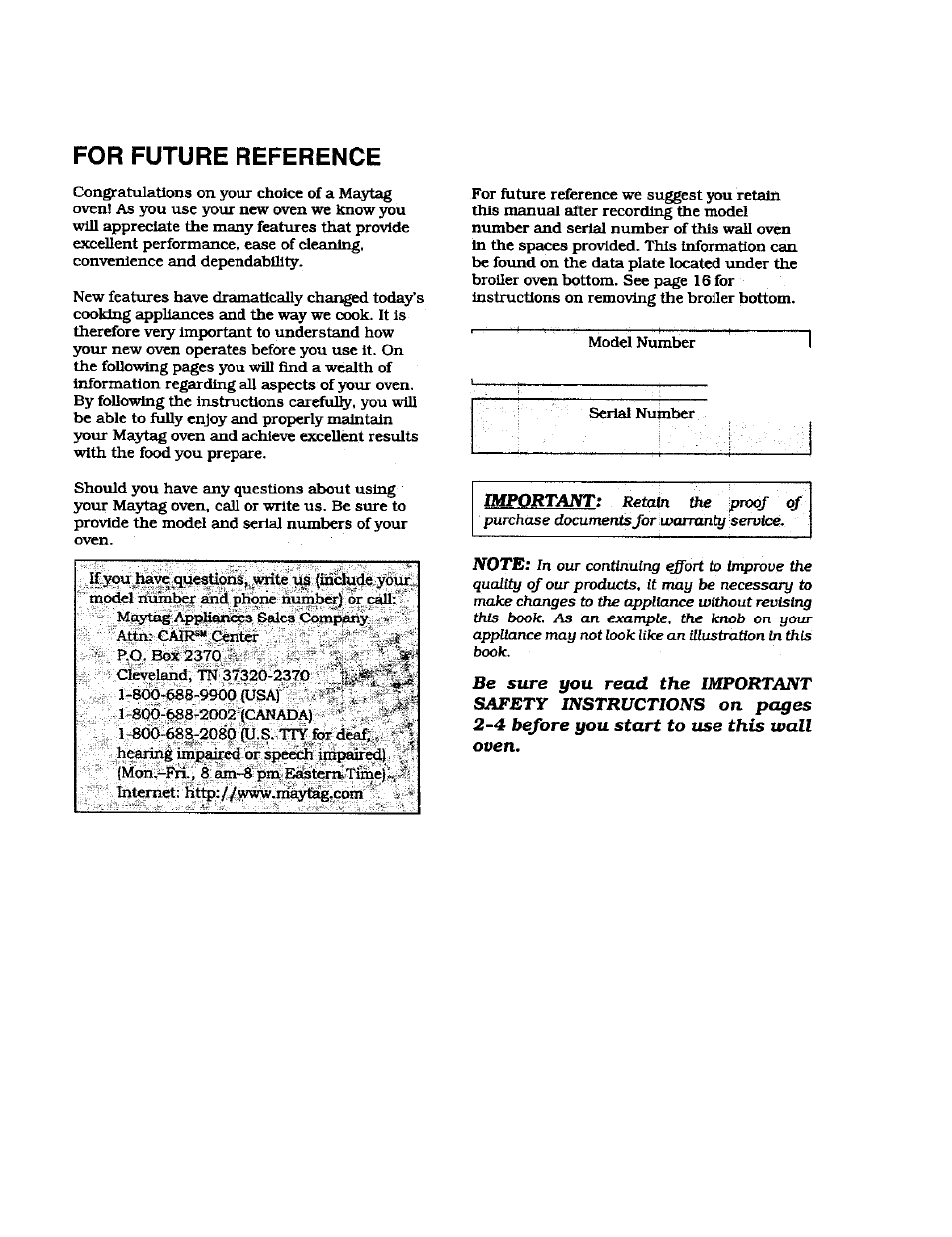 For future reference | Maytag CWG3600 User Manual | Page 3 / 24