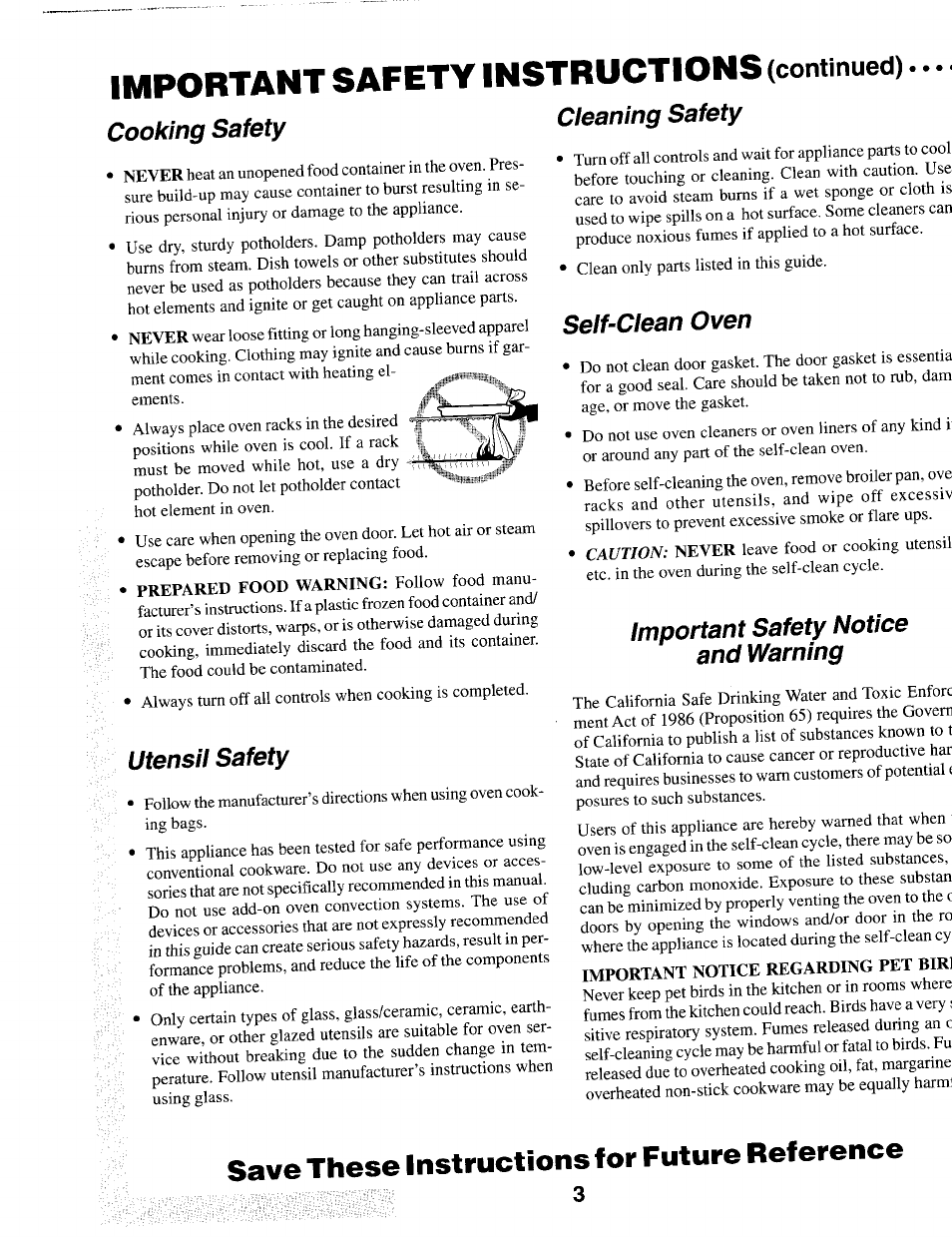 Utensil safety, Cleaning safety, Self-clean oven | Important safety notice and warning, Important safety instructions, Save these instructions for future reference, Cooking, Continued), Safety r,..nina safetv, Utensil safety cleaning safety | Maytag IEW621 User Manual | Page 4 / 20