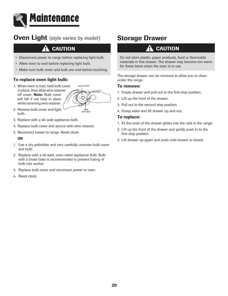 Maintenance, Storage drawer, Oven light | Caution, Style varies by model) | Maytag MES5752BAW User Manual | Page 21 / 76