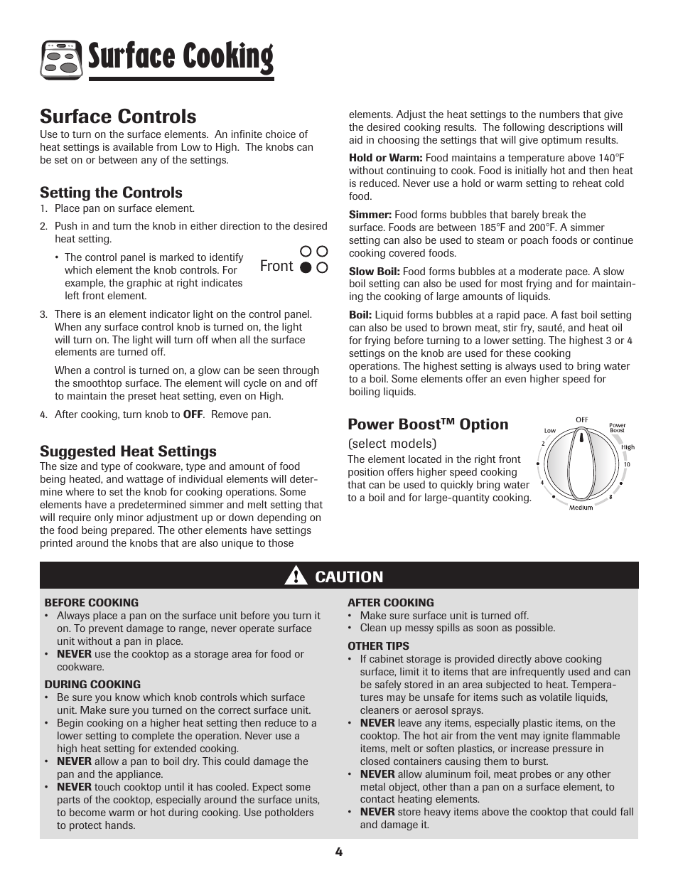 Surface cooking, Surface controls, Setting the controls | Suggested heat settings, Caution, Front power boost, Option | Maytag MES5752BAW User Manual | Page 5 / 76