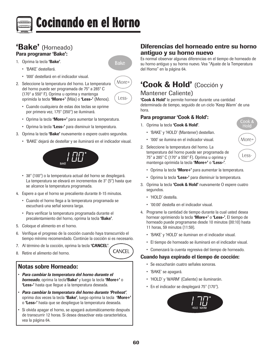 Cocinando en el horno, Bake, Cook & hold | Notas sobre horneado, Horneado), Cocción y mantener caliente) | Maytag MES5752BAW User Manual | Page 61 / 76