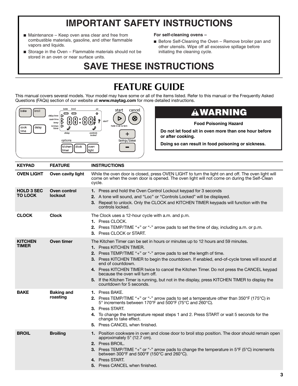 Feature guide, Warning | Maytag W10203503B User Manual | Page 3 / 8