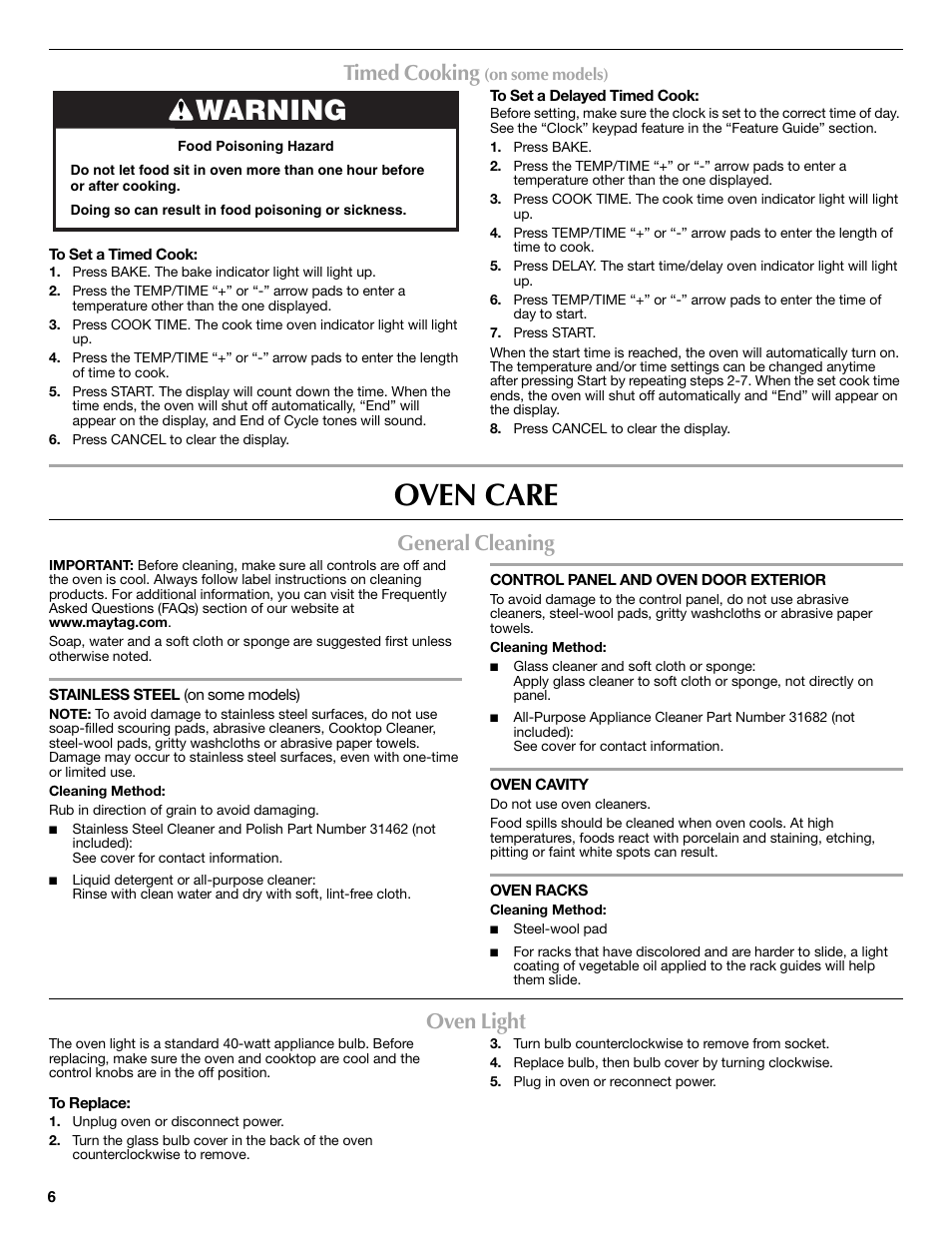 Oven care, Warning, Timed cooking | General cleaning, Oven light | Maytag W10203503B User Manual | Page 6 / 8