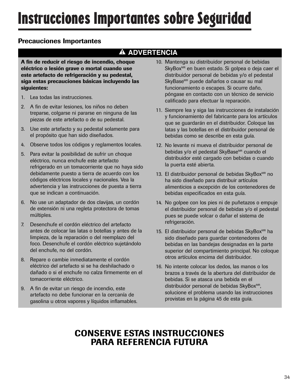 Instrucciones importantes sobre seguridad, Precauciones importantes, Advertencia | Maytag MBV1976AA User Manual | Page 35 / 48
