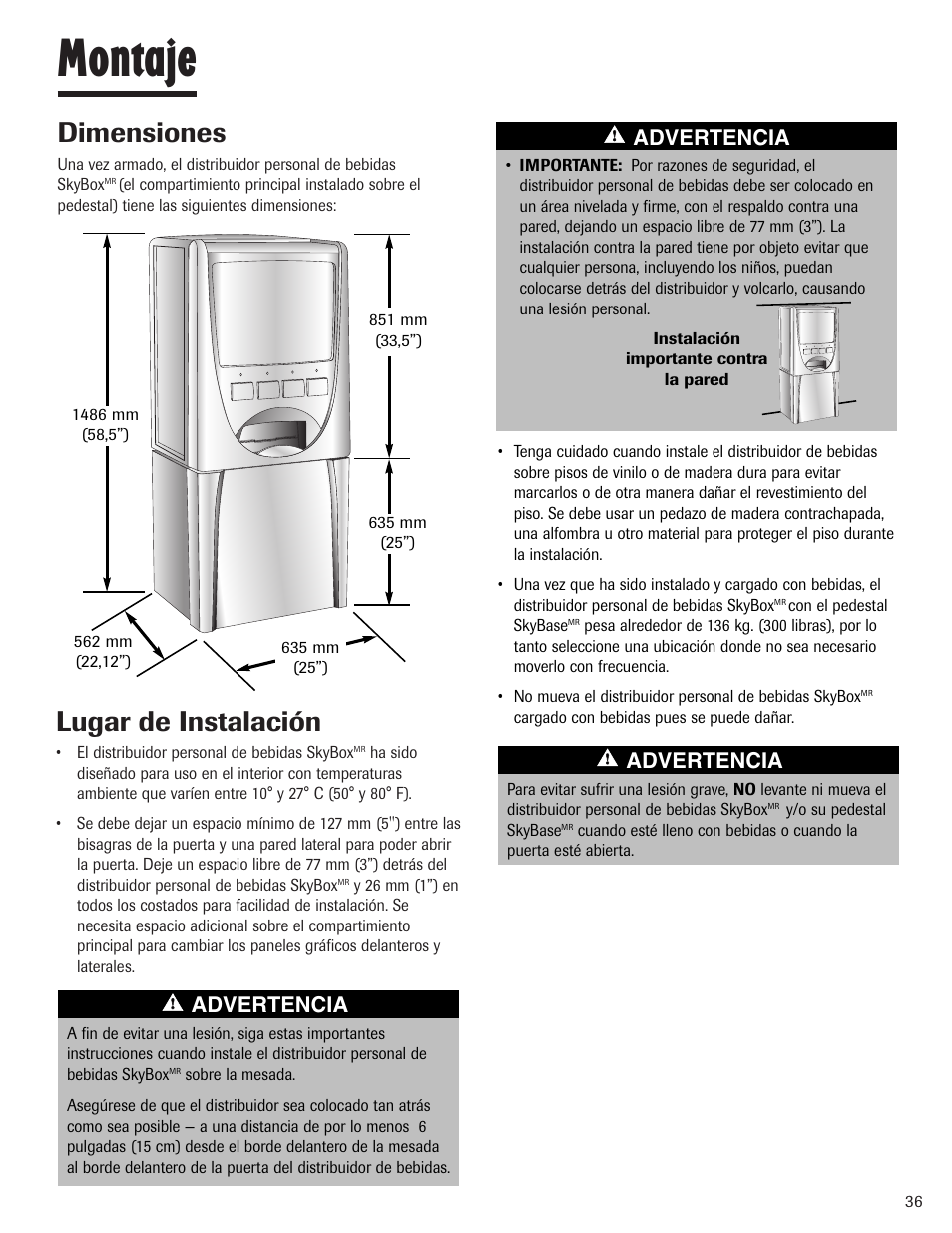 Montaje, Dimensiones, Lugar de instalación | Advertencia | Maytag MBV1976AA User Manual | Page 37 / 48