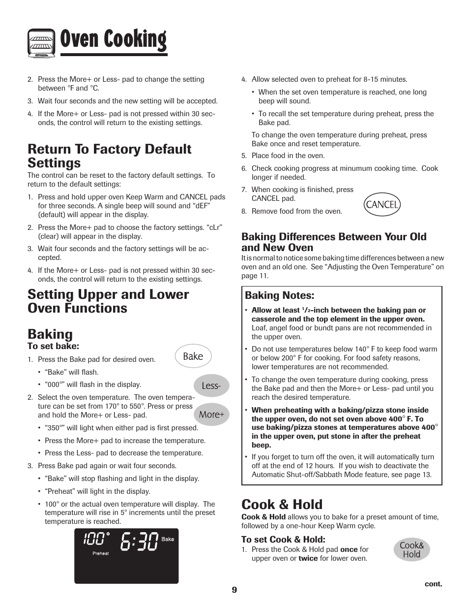 Oven cooking, Cook & hold, Baking | Setting upper and lower oven functions, Return to factory default settings, Baking differences between your old and new oven | Maytag MGR6751BDW User Manual | Page 10 / 76