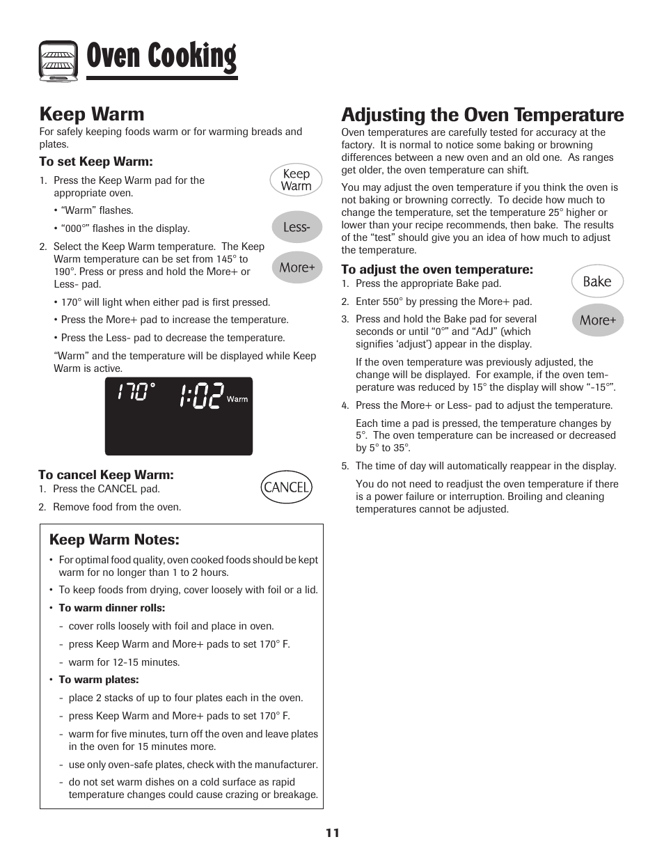 Oven cooking, Adjusting the oven temperature, Keep warm | Maytag MGR6751BDW User Manual | Page 12 / 76