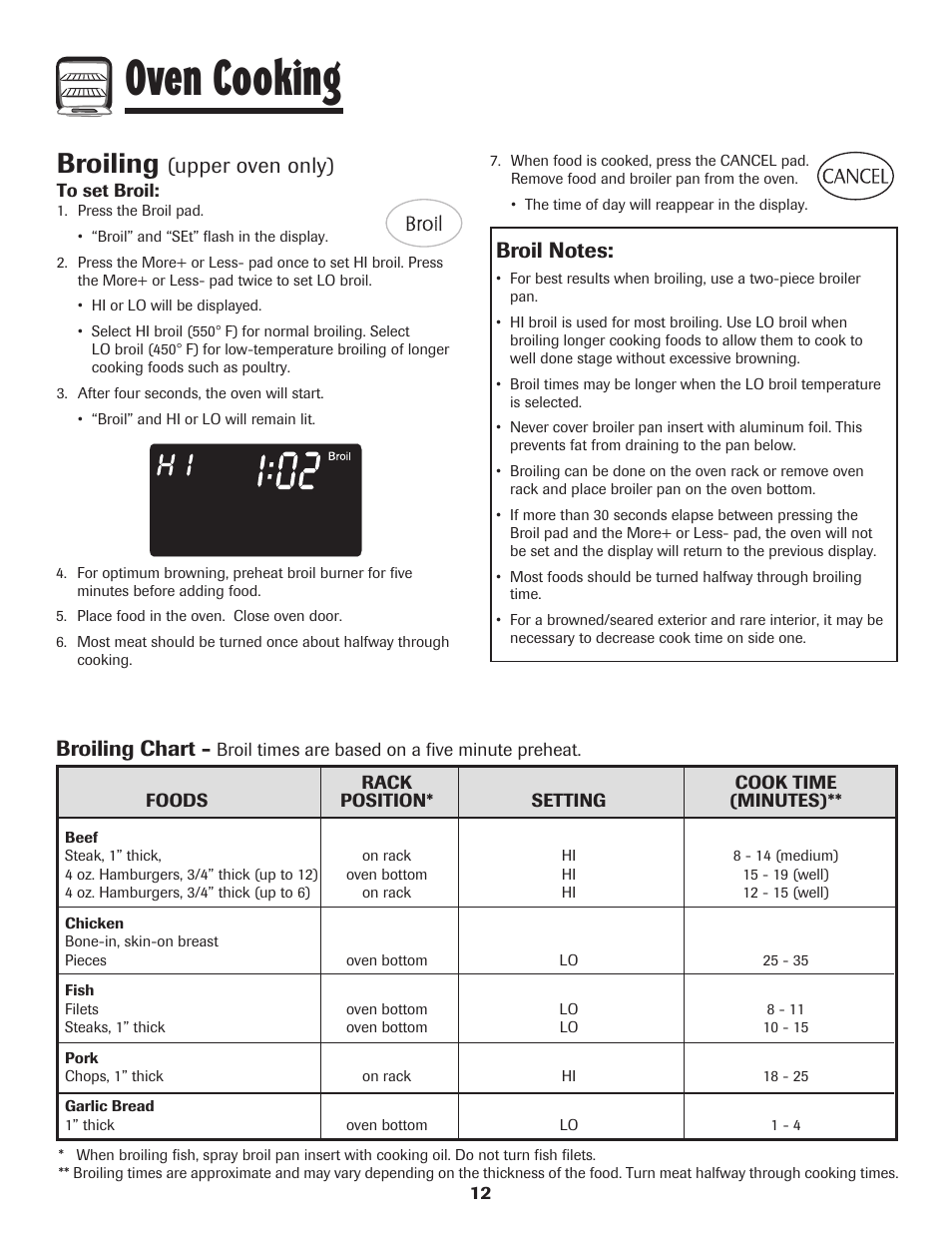 Oven cooking, Broiling, Upper oven only) | Broiling chart | Maytag MGR6751BDW User Manual | Page 13 / 76