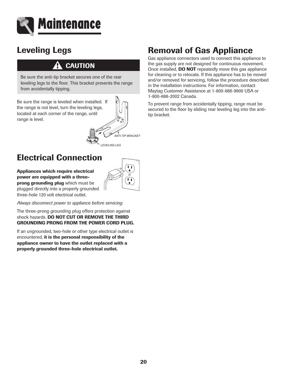 Maintenance, Removal of gas appliance, Leveling legs | Electrical connection | Maytag MGR6751BDW User Manual | Page 21 / 76
