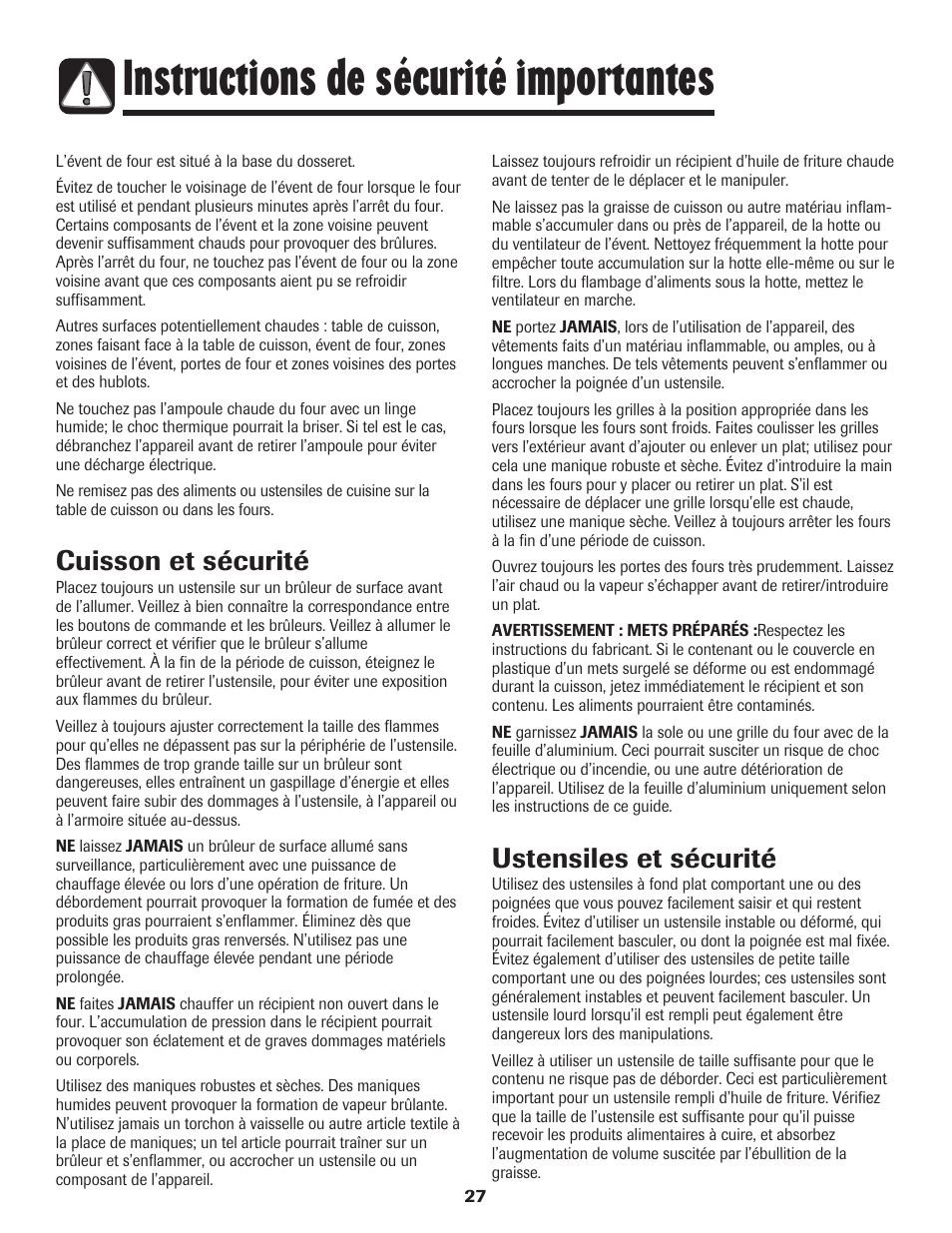 Instructions de sécurité importantes, Cuisson et sécurité, Ustensiles et sécurité | Maytag MGR6751BDW User Manual | Page 28 / 76