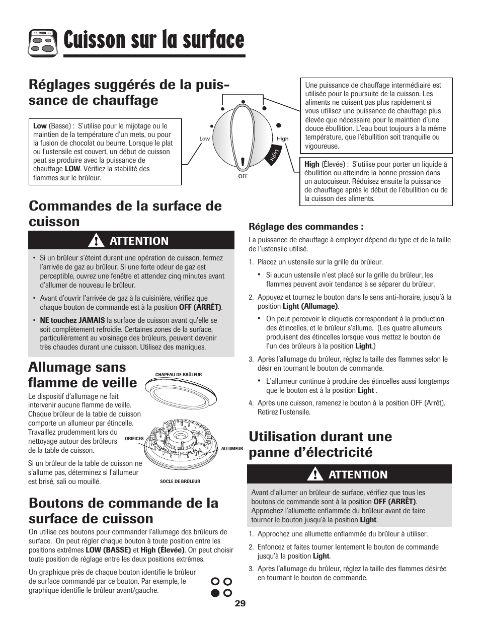 Cuisson sur la surface, Utilisation durant une panne d’électricité, Boutons de commande de la surface de cuisson | Réglages suggérés de la puis- sance de chauffage, Attention | Maytag MGR6751BDW User Manual | Page 30 / 76