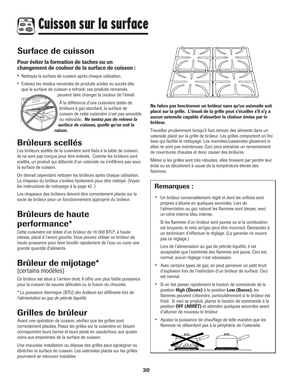 Cuisson sur la surface, Brûleurs scellés, Brûleurs de haute performance | Brûleur de mijotage, Grilles de brûleur, Surface de cuisson | Maytag MGR6751BDW User Manual | Page 31 / 76