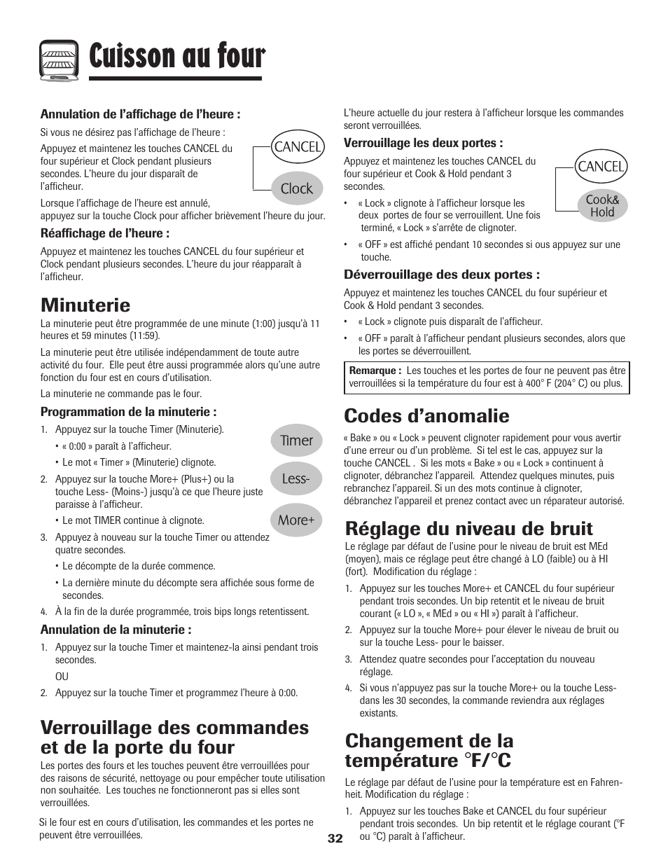 Cuisson au four, Minuterie, Verrouillage des commandes et de la porte du four | Réglage du niveau de bruit, Changement de la température, Codes d’anomalie | Maytag MGR6751BDW User Manual | Page 33 / 76