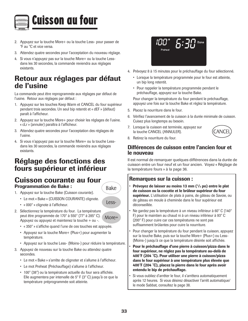 Cuisson au four, Cuisson courante au four, Retour aux réglages par défaut de l’usine | Remarques sur la cuisson | Maytag MGR6751BDW User Manual | Page 34 / 76
