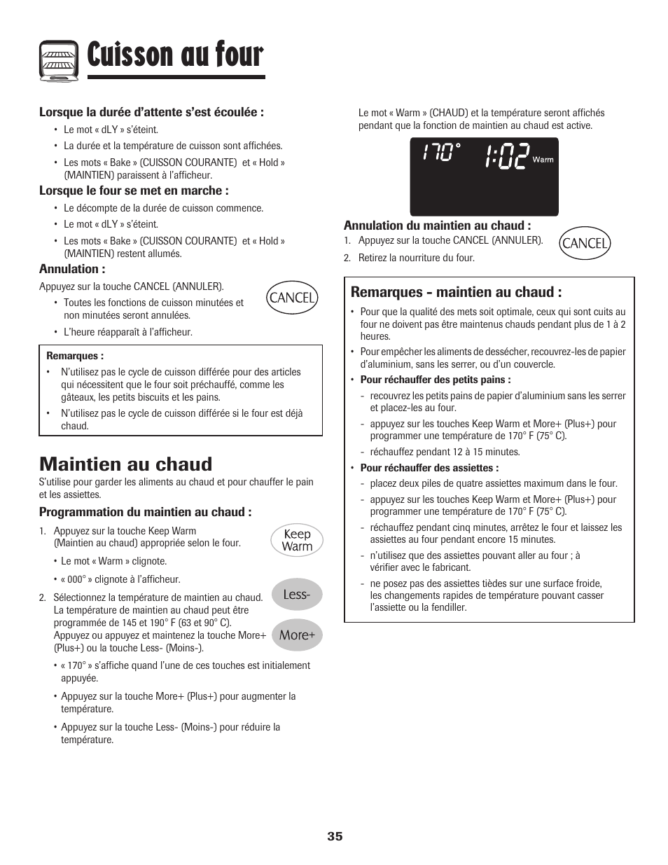 Cuisson au four, Maintien au chaud, Remarques - maintien au chaud | Maytag MGR6751BDW User Manual | Page 36 / 76