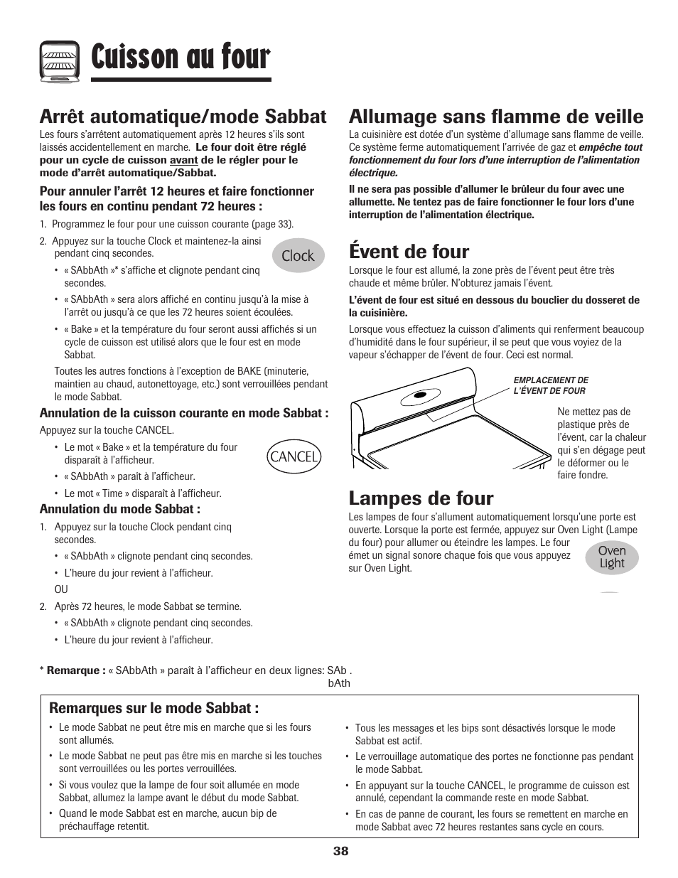 Cuisson au four, Arrêt automatique/mode sabbat, Évent de four | Lampes de four, Allumage sans flamme de veille, Remarques sur le mode sabbat | Maytag MGR6751BDW User Manual | Page 39 / 76