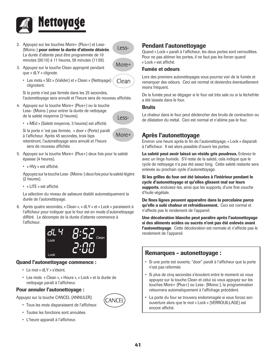 Nettoyage, Remarques - autonettoyage, Pendant l’autonettoyage | Après l’autonettoyage | Maytag MGR6751BDW User Manual | Page 42 / 76