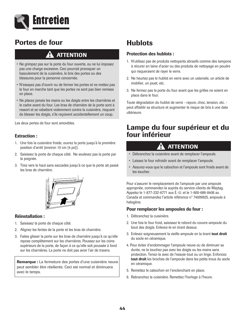 Entretien, Portes de four hublots, Lampe du four supérieur et du four inférieur | Attention | Maytag MGR6751BDW User Manual | Page 45 / 76